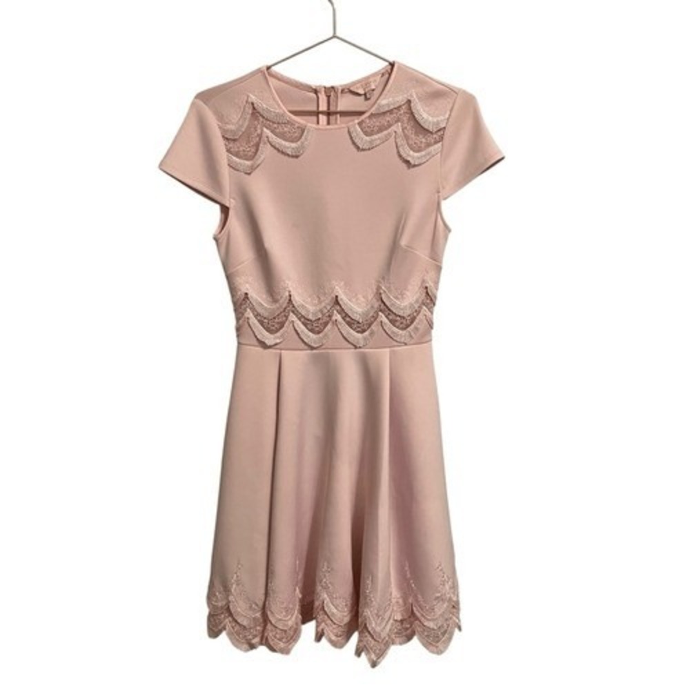 Ted Baker Rehanna Scalloped Lace Dress Pink Short Sleeve Fit Flare Sz 1